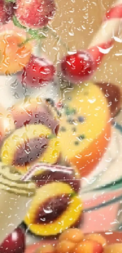 Colorful ice cream drink with fruits and artistic elements, ideal for mobile wallpaper.