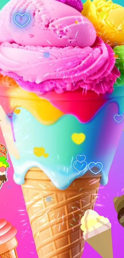 Colorful ice cream cone wallpaper with vibrant rainbow hues.