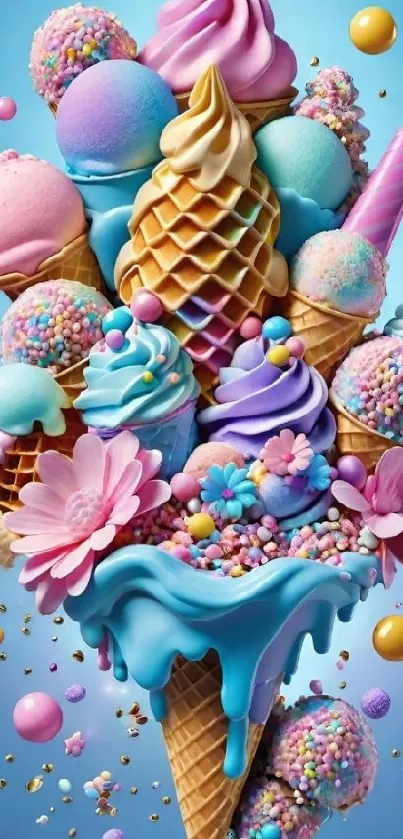 Vibrant pastel ice cream cones and flowers on a sky blue background.
