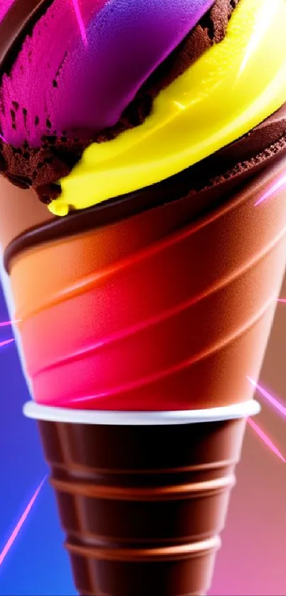 Colorful ice cream cone with gradient background wallpaper.
