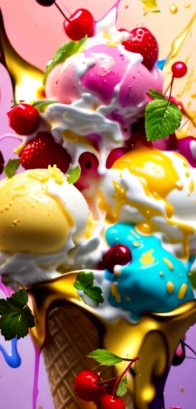 Colorful ice cream cones with drizzles and cherry toppings.