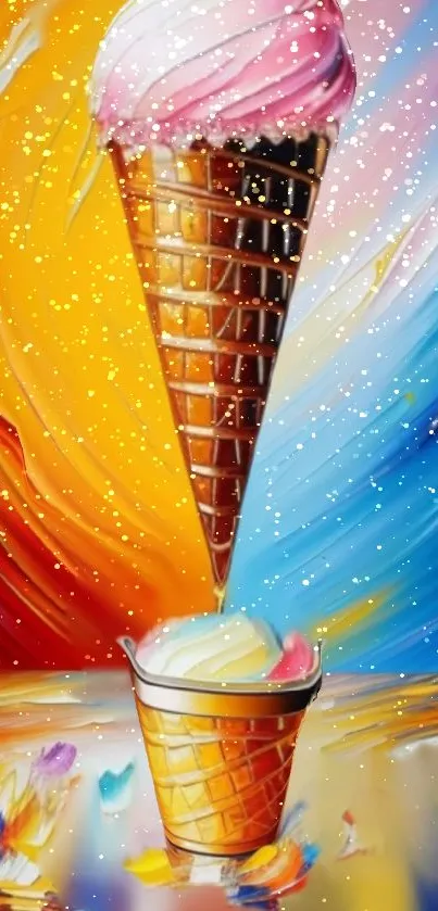 Vibrant abstract ice cream-themed mobile wallpaper with orange, pink, and blue hues.