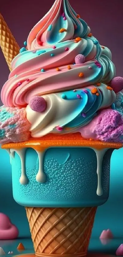 Vibrant, colorful ice cream cone digital artwork for mobile wallpaper.