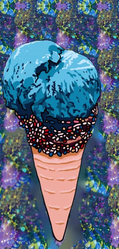 Blue ice cream cone on kaleidoscopic background art.