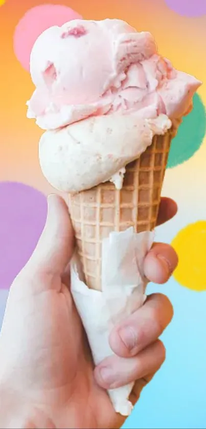 Hand holding an ice cream cone with colorful background.