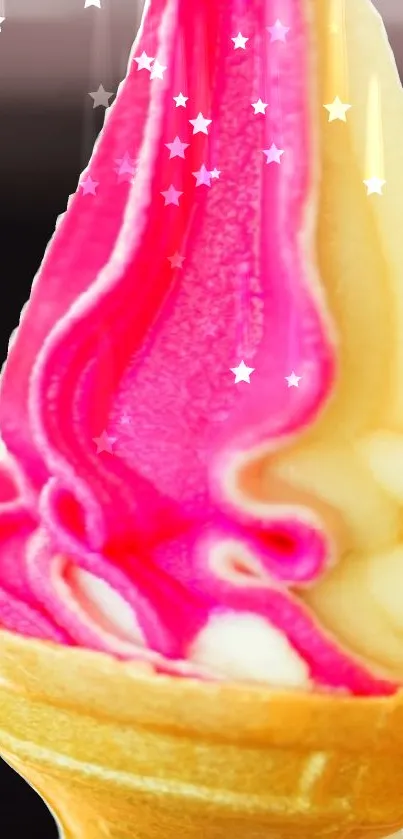 Colorful ice cream cone with pink and beige swirls on a black background.