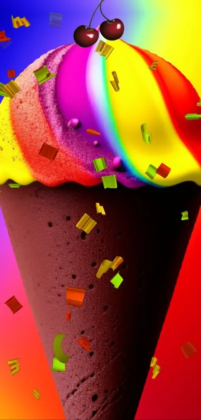 Vibrant ice cream cone with rainbow colors and confetti celebration.