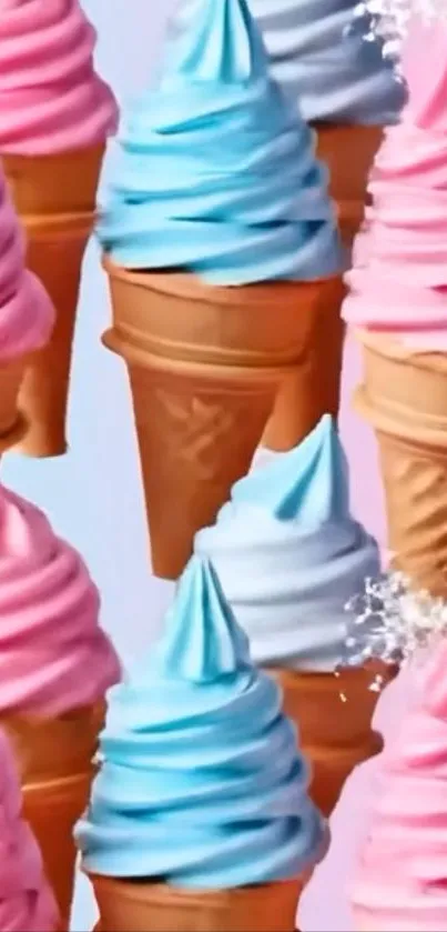 Colorful ice cream cones with pastel swirls.