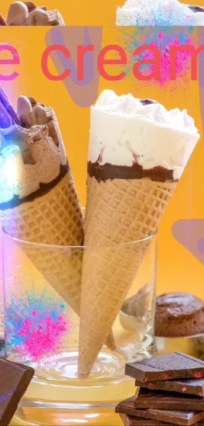Vibrant ice cream cones on an orange background with chocolate pieces.