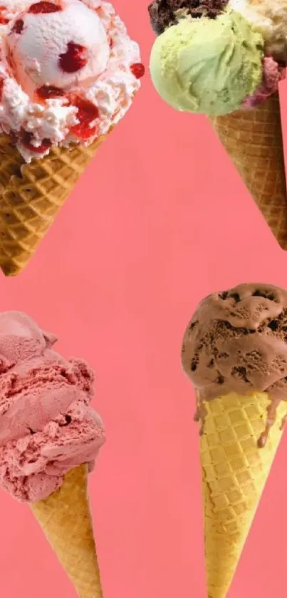 Four colorful ice cream cones on coral background.