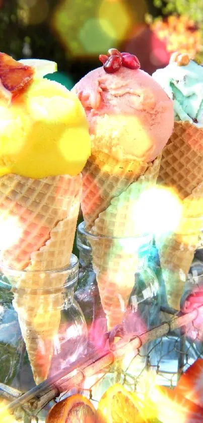 Colorful ice cream cones in a sunny outdoor setting.