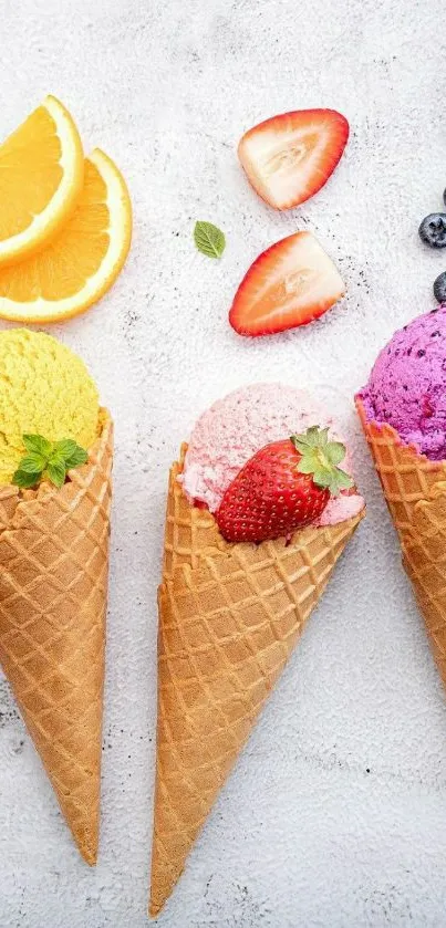 Vibrant ice cream cones with fruit toppings on a light background.