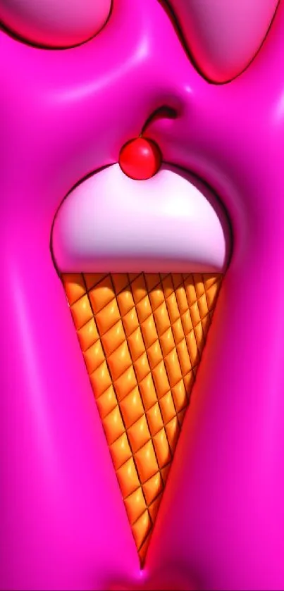 Vibrant pink wallpaper with an ice cream cone and cherry.