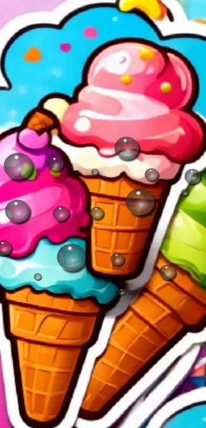 Colorful ice cream cones on blue cloud background.