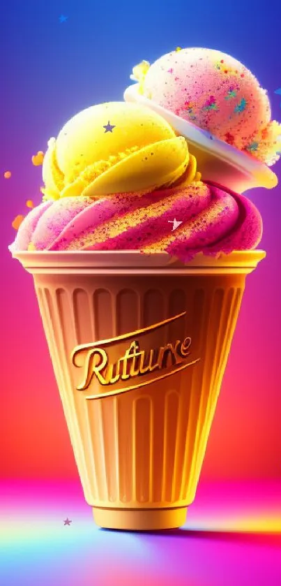 Neon ice cream cone with vibrant colors.