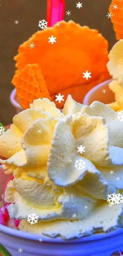 Three vibrant ice cream cups with colorful toppings.