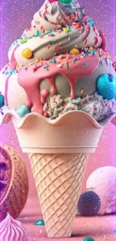 Vibrant ice cream cone with sprinkles in a colorful mobile wallpaper.