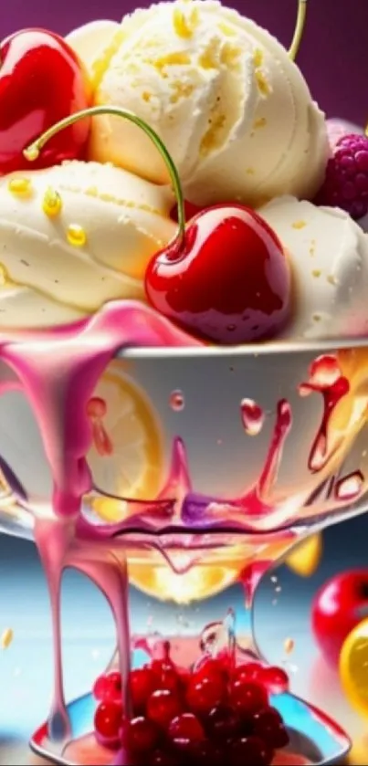 Vivid ice cream with cherries and colorful background.