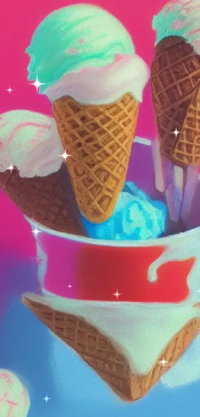 Vibrant pink ice cream cones mobile wallpaper.