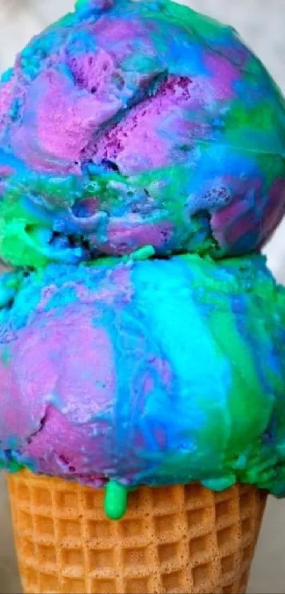 Vibrant ice cream cone with blue, green, and purple swirls.