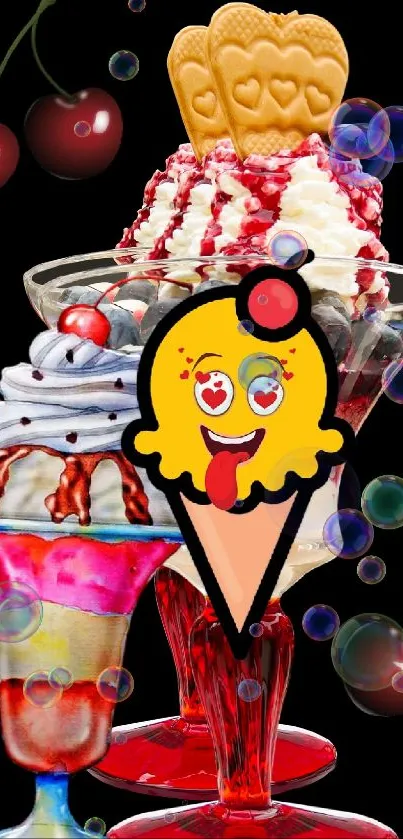 Colorful ice cream and cherries on black wallpaper.
