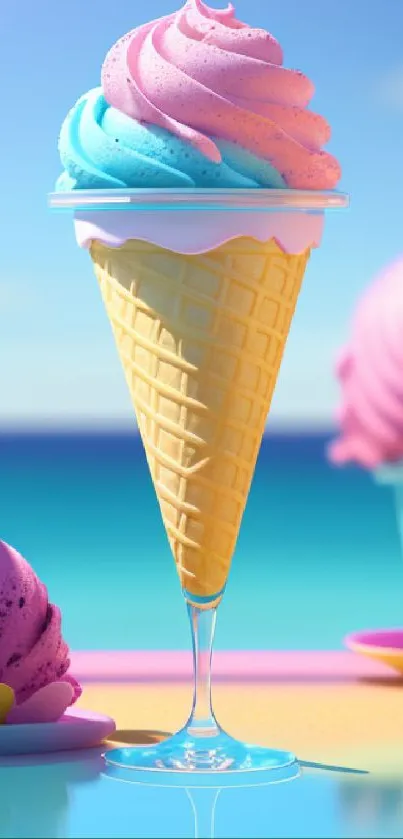 Colorful ice cream cones on a beach with a vibrant sky background.