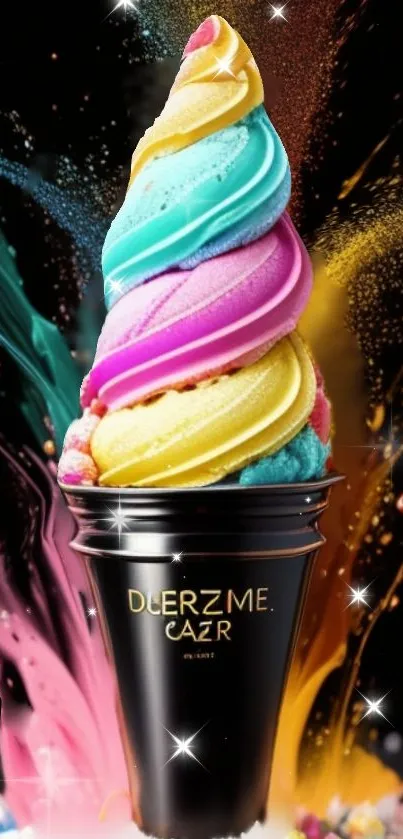 Vibrant multicolor ice cream swirl wallpaper on a black background.