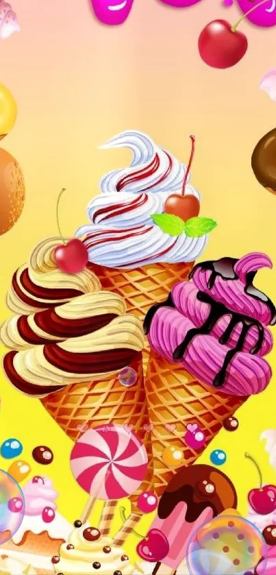 Colorful ice cream and dessert wallpaper with pink hues.