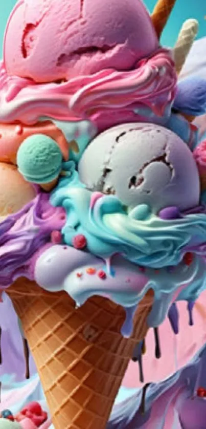 Colorful ice cream scoops on a cone.