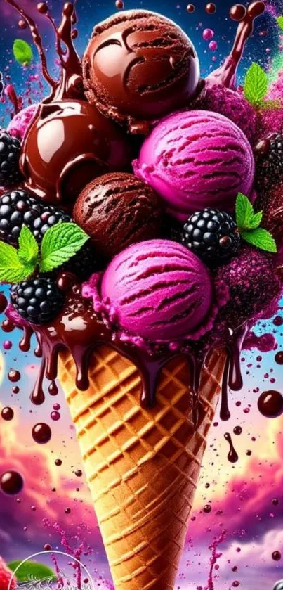 Vivid ice cream cone with berries and chocolate in surreal sky.