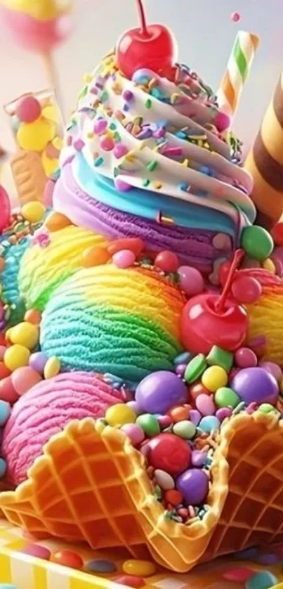 Vibrant rainbow ice cream with toppings in a waffle cone