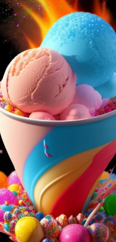 Vibrant blue and pink ice cream wallpaper with colorful sprinkles and whimsical design.