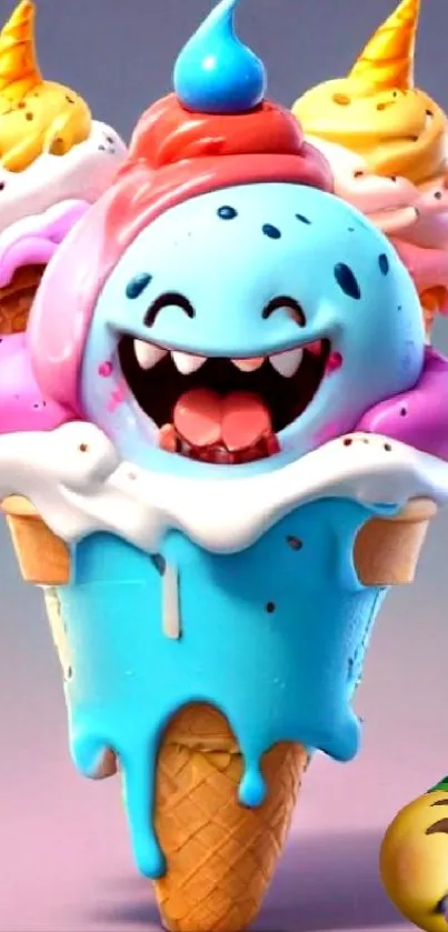 Cheerful ice cream cartoon wallpaper with vibrant colors for mobile.