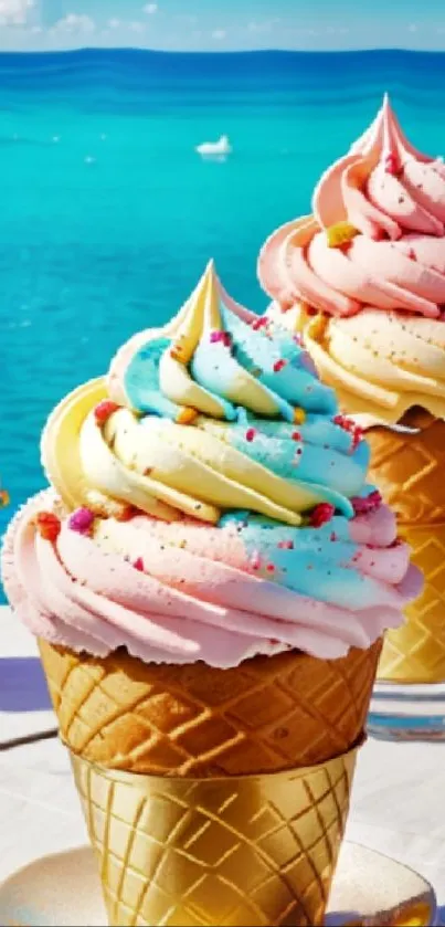 Ice cream cones by turquoise ocean under sunny skies.