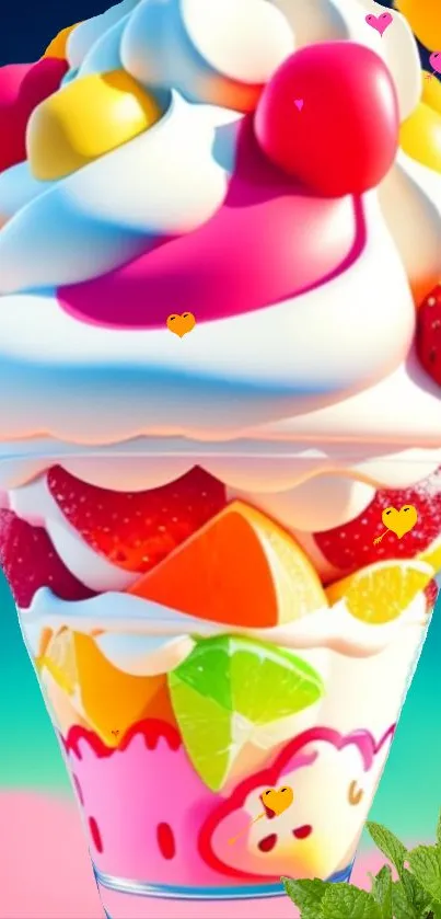 Colorful ice cream with fruits and vibrant background.