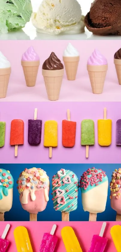 Colorful ice cream and popsicle wallpaper showcasing vibrant frozen treats.