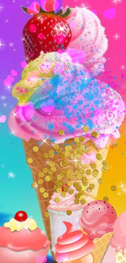 Colorful ice cream cone wallpaper with rainbow hues and sprinkles.