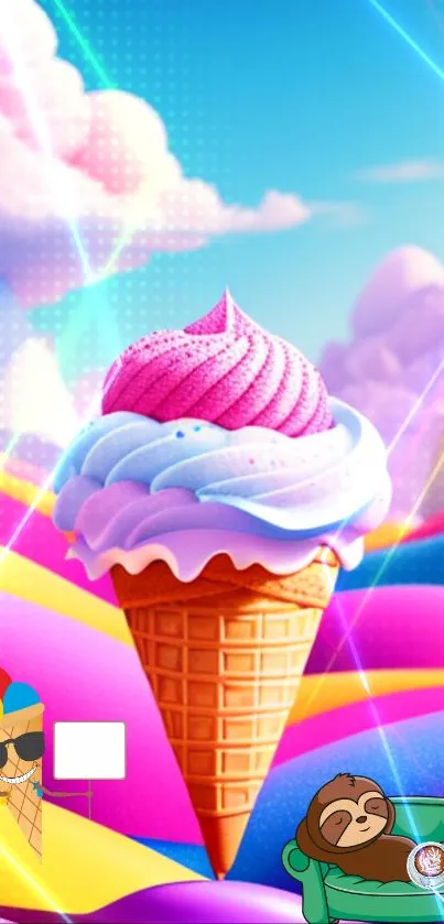 Colorful ice cream cone with vibrant clouds and neon accents.