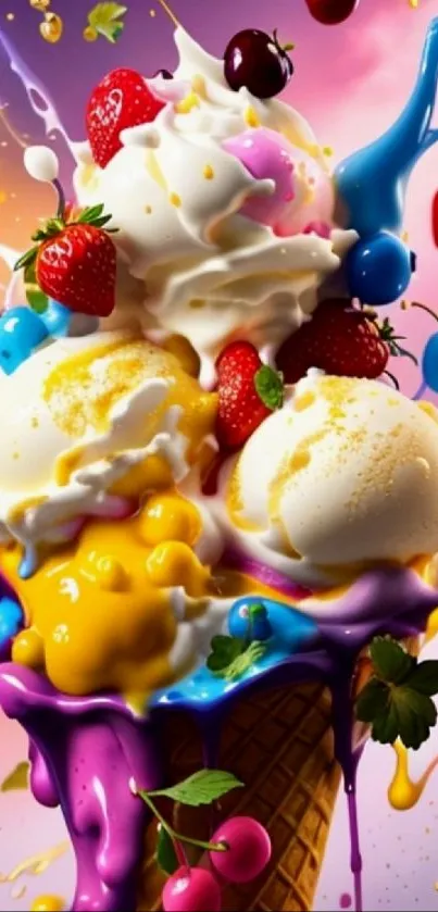 Colorful ice cream splash with berries, syrup, and vivid colors.