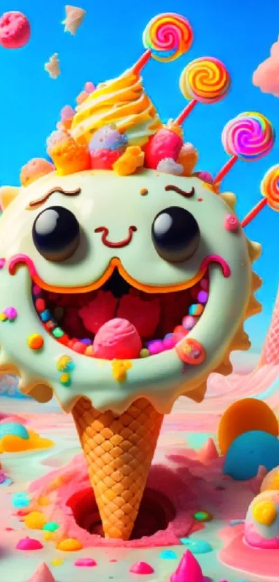 Whimsical ice cream cone fantasy artwork with colorful desserts and clouds.