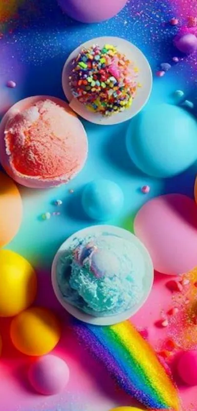 Colorful ice cream fantasy with vibrant spheres and rainbow hues.