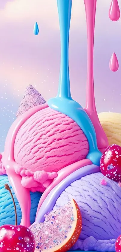 Colorful ice cream scoops with cherries, dripping sauce.