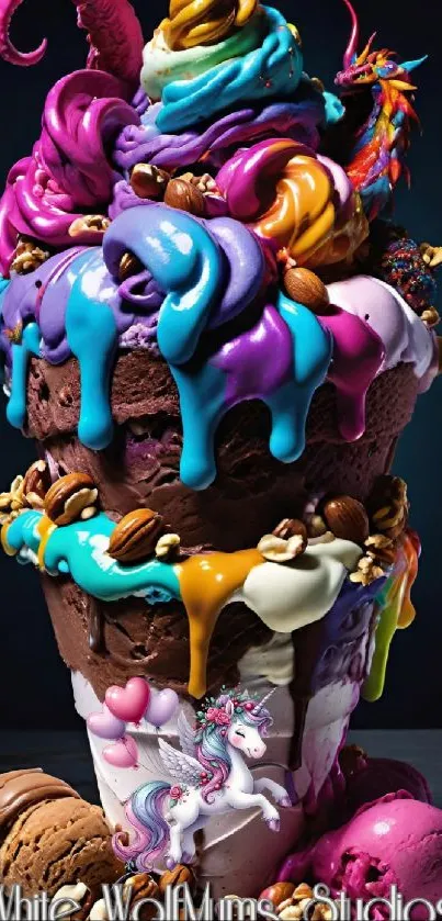 Colorful ice cream fantasy with unicorns and chocolate.