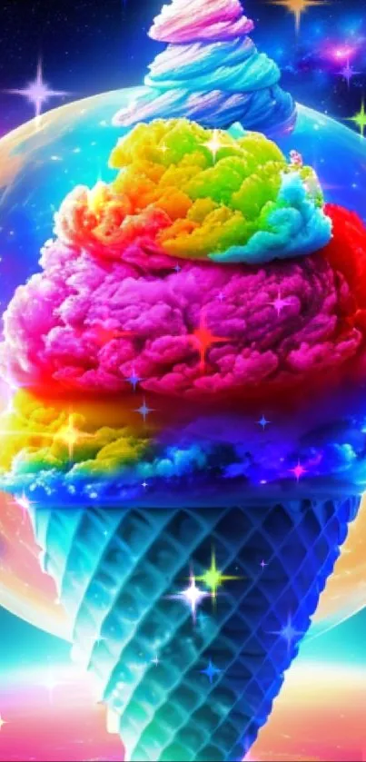 Vibrant rainbow ice cream cone against a galaxy background.