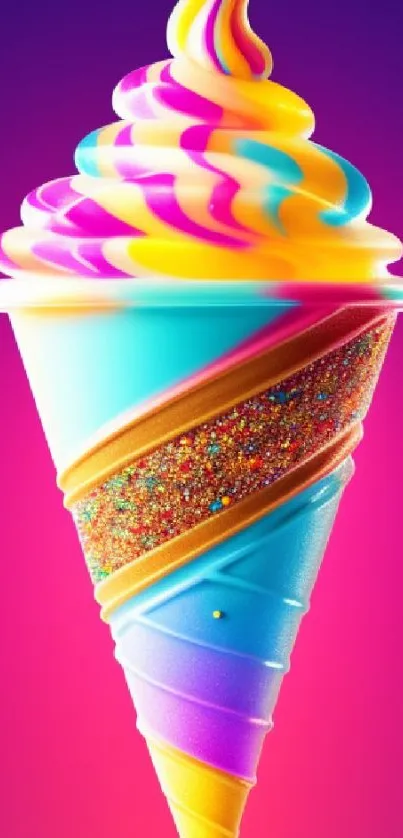 Vibrant ice cream cone with rainbow swirl on colorful background.