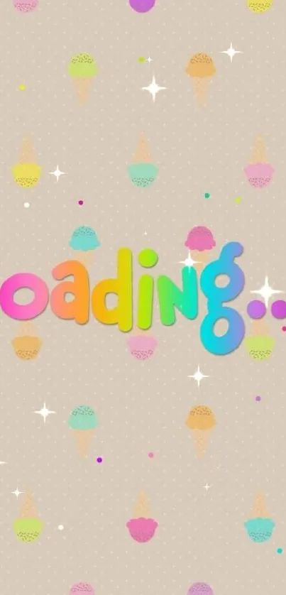 Colorful 'loading' text with ice cream cones on beige background.