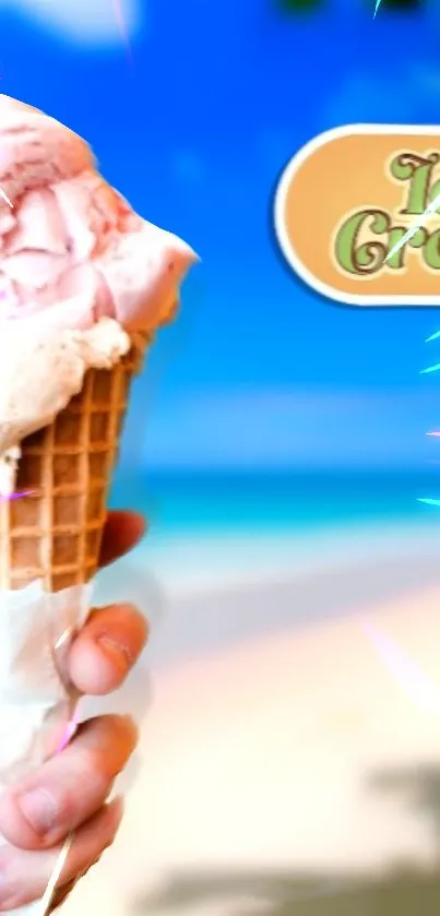 Ice cream cone wallpaper with beach scenery and vibrant colors.