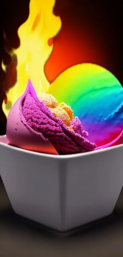 Vibrant ice cream in fiery bowl with rainbow colors.