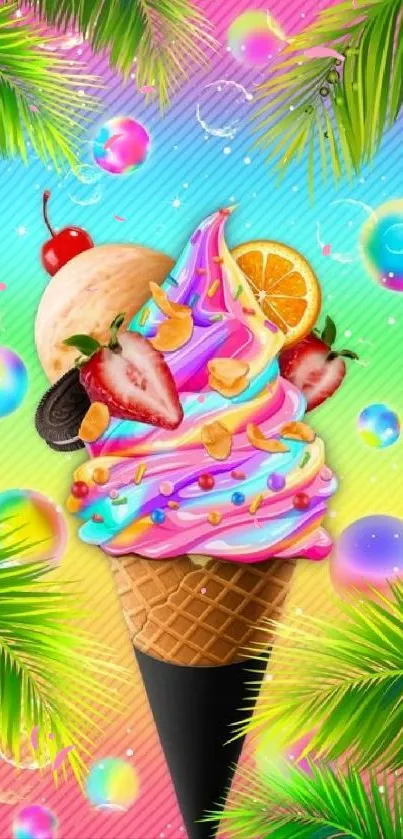 Vibrant ice cream cone with fruits on a tropical background.