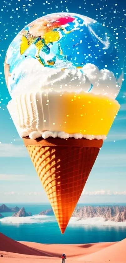 A surreal ice cream cone shaped like Earth with a vibrant backdrop.